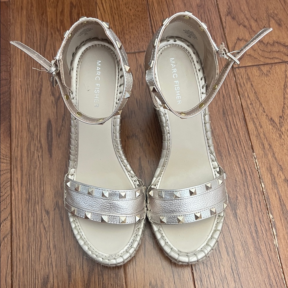 Marc Fisher Metallic Silver Studded Espadrille Wedge Sandals